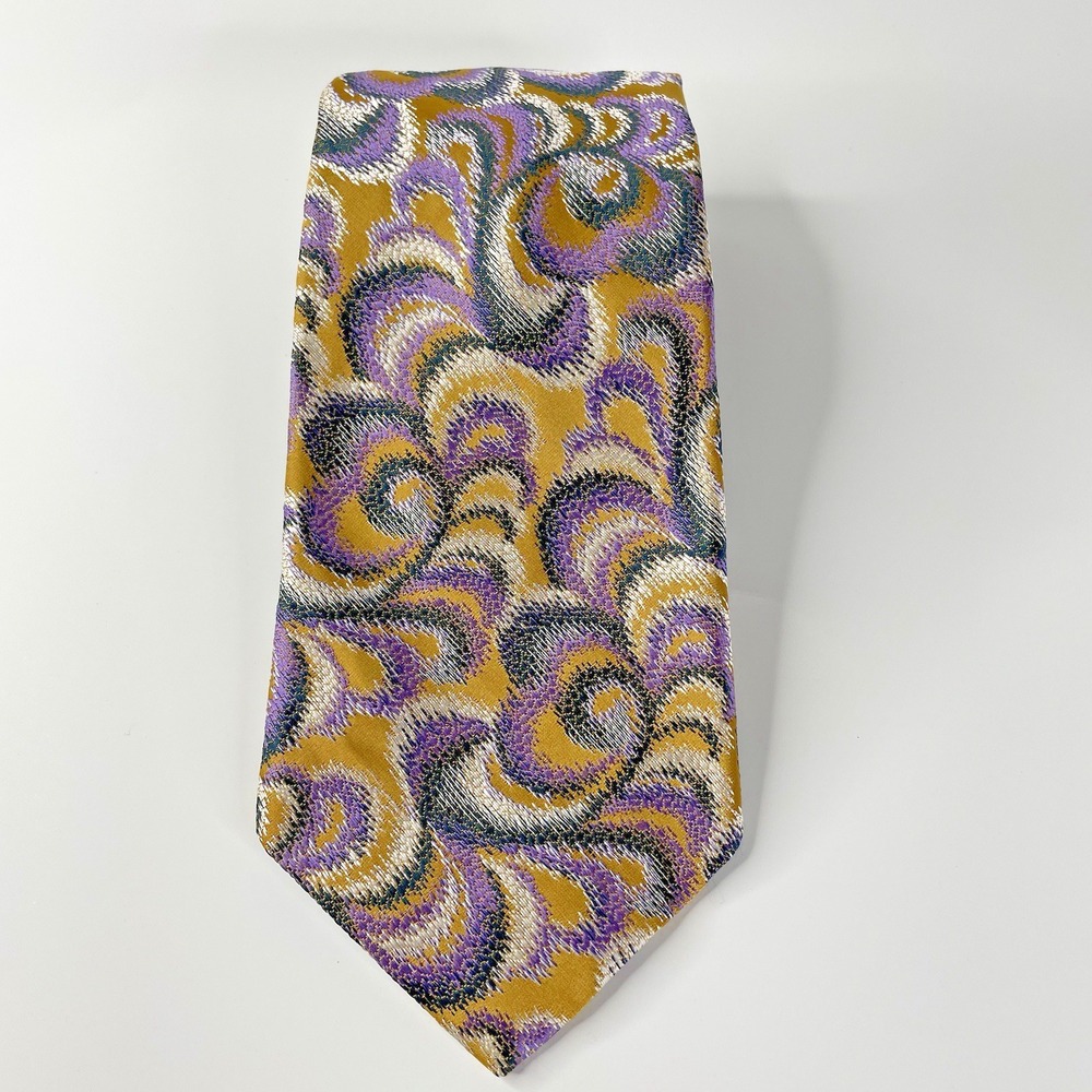 Pattersons‎ By Damon Neck Tie Gold With Purple & Blue Waves Polyester Vintage